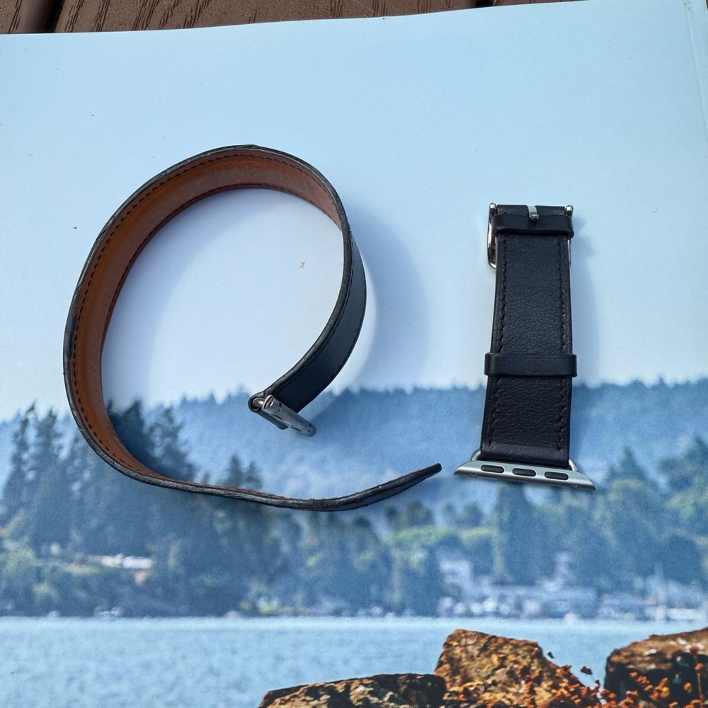 Hermes Navy Blue and Tan Leather Watch Strap Double Tour 38mm